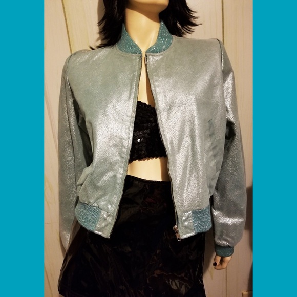 Vintage 90s AQUA Blue Glittery Metallic Leather Bomber Jacket NOS - Picture 3 of 9